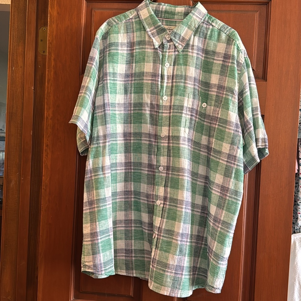 Men’s Weatherproof Vintage Green Plaid Linen Blend Shirt Size XXL EUC